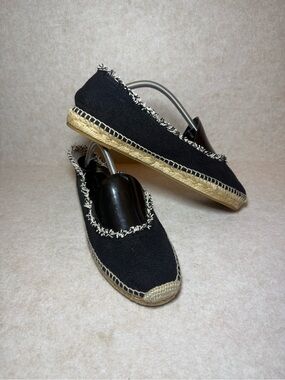 Patricia Green Black Tan Espadrille Mules Flats Loafers Frayed Trim Size US 10
